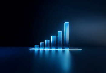 A blue neon glowing bar chart rises against a dark background, reflecting on a mirrored surface.