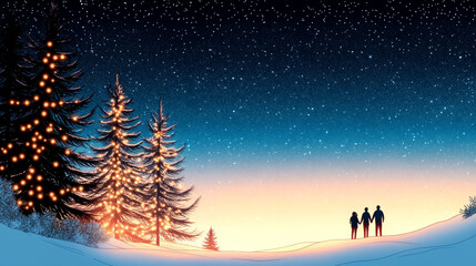 Obraz premium A couple stands hand in hand in a snowy landscape under a starry sky with twinkling lights on pine trees.