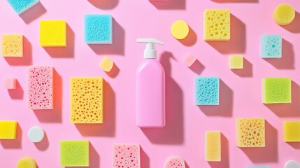 Colorful Cleaning Sponges and Liquid Soap on Pink Background
