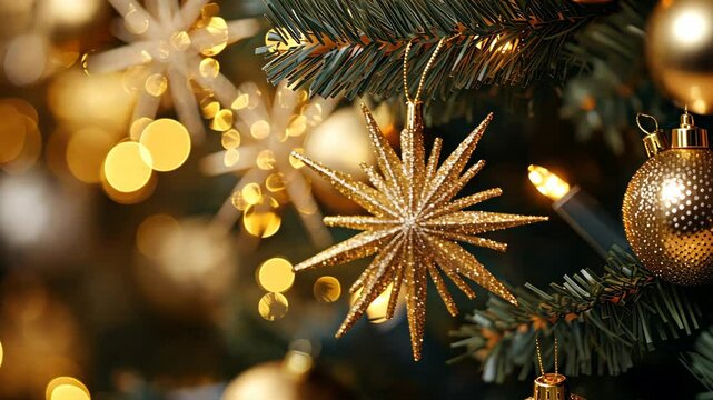 Golden starburst ornaments catching the light on a beautifully decorated Christmas tree, each starburst radiating with warmth and elegance. . Video