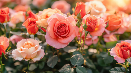 A vibrant garden of blooming roses in soft pink and peach hues during a warm afternoon in springtime