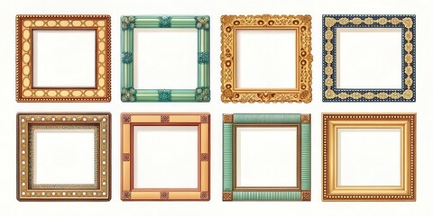 A collection of eight ornate picture frames with different patterns, textures, and colors, perfect for showcasing your most cherished memories.