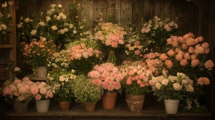 Fototapeta premium A diverse arrangement of fresh roses and flowers in pots at a charming flower shop during the early evening