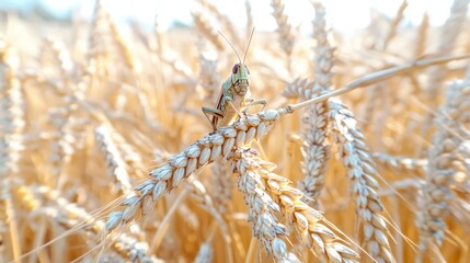 Fototapeta premium A grasshopper perched on golden wheat stalks in a sunlit agricultural field during harvest season