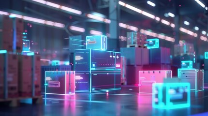 Fototapeta premium Futuristic Warehouse with Neon-Lit Packages and Digital Displays