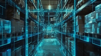 Warehouse Interior with Futuristic Blue Digital Overlay