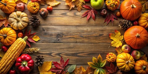 Autumnal Harvest A Rustic Wooden Background with a Bountiful Display of Pumpkins, Apples, Corn, and Fall Foliage