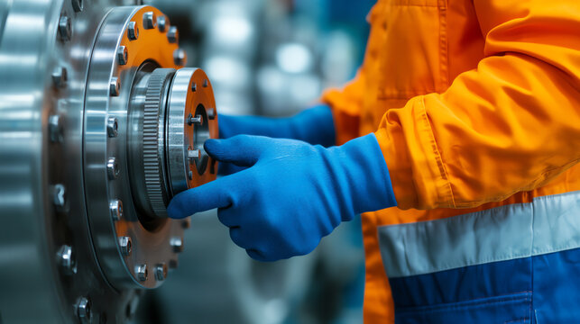 A worker in an orange uniform and blue gloves adjusts mechanical equipment in a manufacturing facility, focusing on precision and safety.