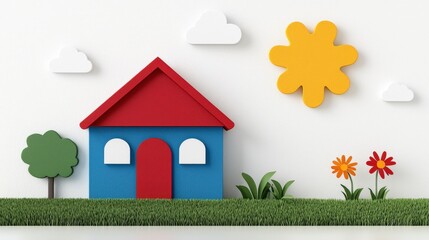 Colorful paper cutout house with a bright sun and flowers in a playful outdoor setting against a white background