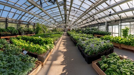 A panoramic view of a high-tech greenhouse with climate control systems automatically adjusting temperature and humidity