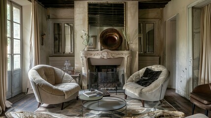 Elegant Living Room with Fireplace and Plush Armchairs