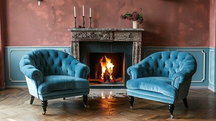 Two Blue Velvet Armchairs Facing a Fireplace with a Burning Fire