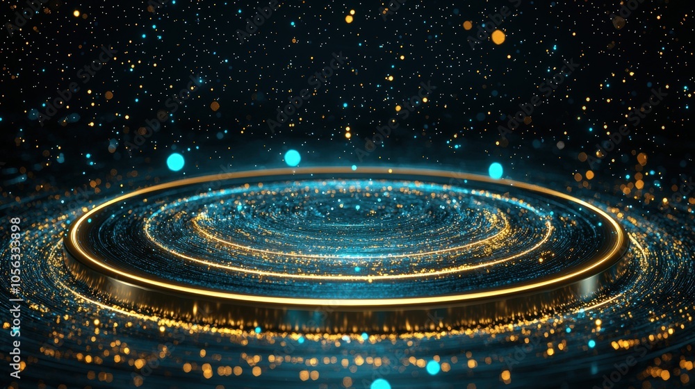 Poster a mesmerizing display of glowing particles swirling around a central circular formation in a cosmic 