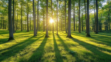 Obraz premium Serene Sunlight Through Forest Trees