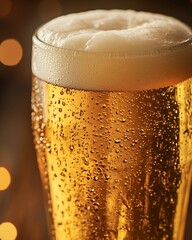 A frosty beer glass glistens with golden liquid and bubbles, evoking refreshment and crisp flavor.