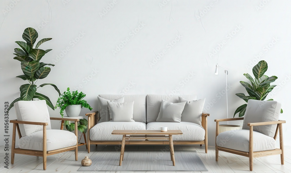 Wall mural A minimalist living room interior design with a white sofa. two armchairs. a coffee table. and plants against a white wall