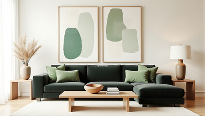 Minimalist interior design of modern living room. neutral color palette, black sofa with green pillows against white wall