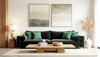 Minimalist interior design of modern living room. neutral color palette, black sofa with green pillows against white wall