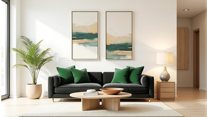 Minimalist interior design of modern living room. neutral color palette, black sofa with green pillows against white wall