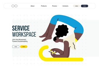 Creative workspace, modern flat vector concept illustration of a woman working standing in asana with a phone Remote work, flexibility, independence, efficiency, mobility, synergy, freedom