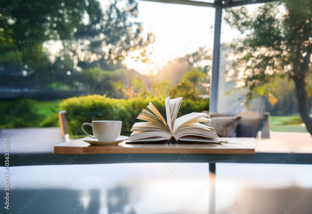 Poster an open book rests on a table with a cup of coffee, bathed in the warm glow of the setting sun. the 