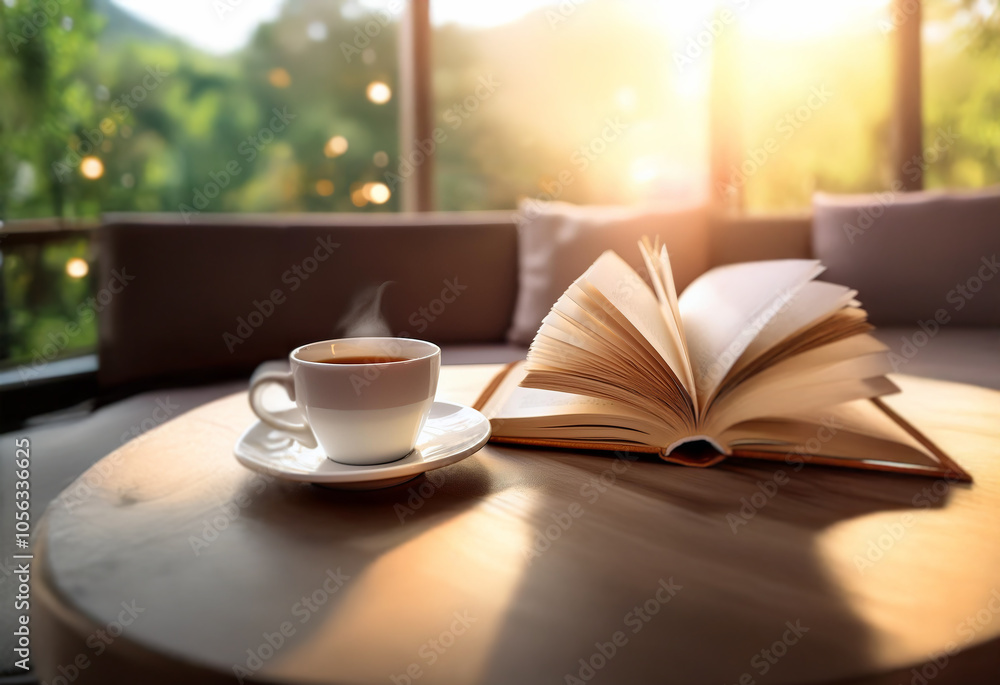 Poster a steaming cup of coffee and an open book rest on a wooden table next to a large window with sunligh