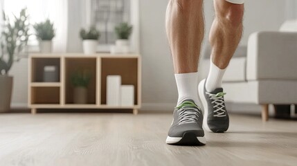 An older gentleman sits comfortably on a sofa, using a resistance band for light exercises while one leg is in a cast