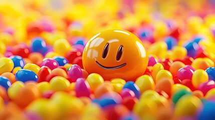 A cheerful smiley face among colorful plastic eggs.