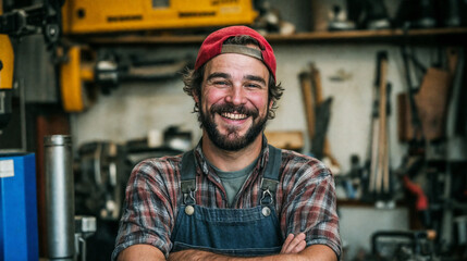 Movember, Men's Health awareness; Smiling Craftsman in Workshop Wearing Overalls and Red Cap