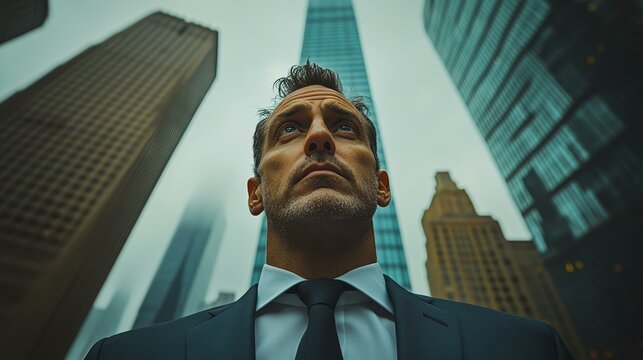 A sharpdressed man stands confidently before a towering skyscraper, embodying success and ambition in the city.