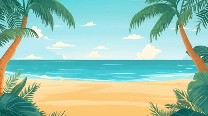 Illustration of a tranquil tropical beach with palm trees, blue ocean, and clear sky, evoking a relaxing summer vacation scene