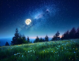 night landscape with moon and starry sky