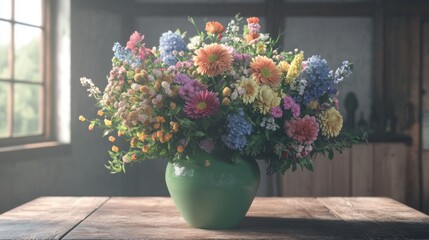 Vibrant Flower Arrangement in a Green Vase