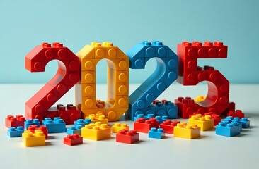 2025 numerals built from red, yellow, and blue toy blocks on a blue background. Playful construction and new year celebration concept.
