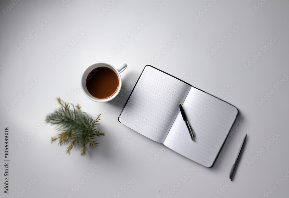 Poster a white cup of coffee sits beside an open notebook with a pen resting on the open pages. a sprig of 
