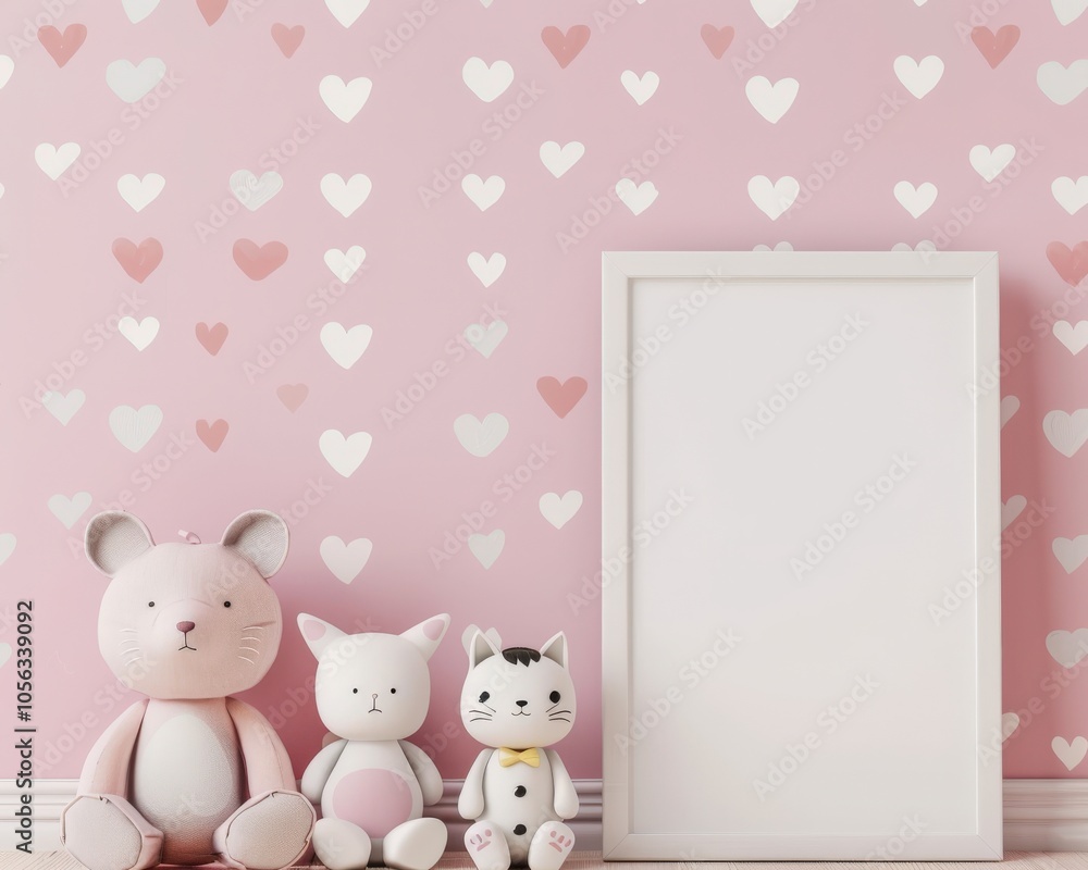 Wall mural A white frame with a pink and white heart pattern wallpaper with two white cats and a pink bear in front of the frame