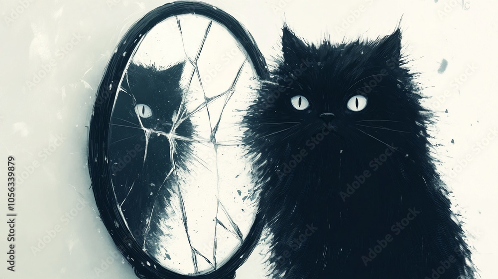 Poster A black cat stares at its reflection in a cracked mirror,  a surreal and intriguing image that explores themes of perception, self-identity, and the fragility of the self.