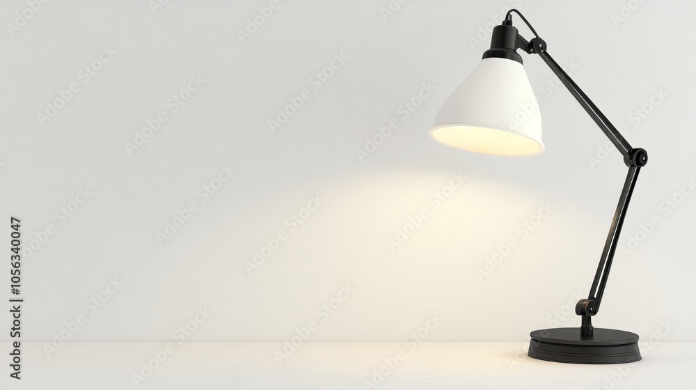 Poster a simple yet elegant desk lamp with a soft shade, displayed on a bright white backdrop, making it an