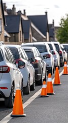 Fototapeta premium Colorful traffic cones are arranged on a sidewalk while amphibians sit calmly in front of parked cars in a vibrant urban setting