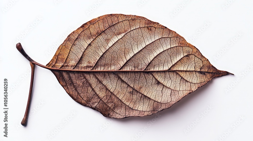 Poster a single, detailed leaf from a plant, isolated on a white background to emphasize its unique texture