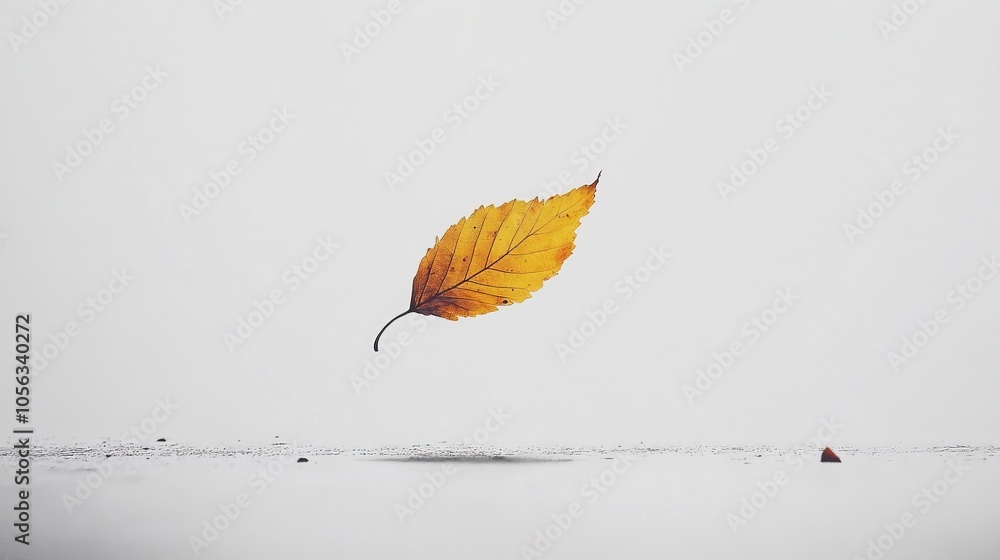 Poster a single, fragile leaf falling from a tree, set against a pristine white backdrop, capturing its del