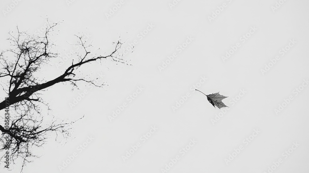 Poster a single, fragile leaf falling from a tree, set against a pristine white backdrop, capturing its del