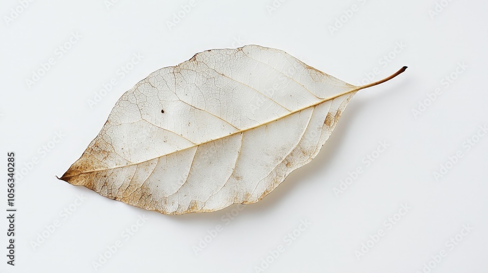 Poster a single fragile leaf from a plant, displayed on a clean white backdrop, emphasizing its natural vul