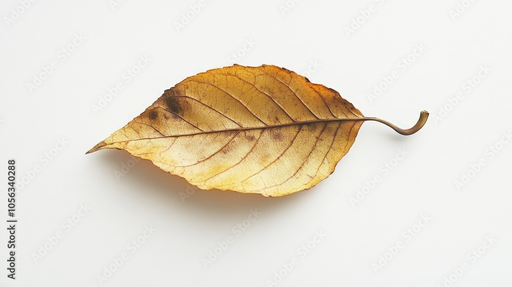 Poster a single fragile leaf from a plant, displayed on a clean white backdrop, emphasizing its natural vul