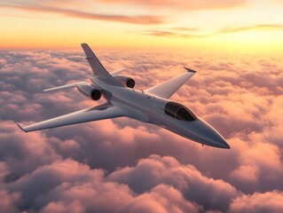 A sleek jet flying above vibrant clouds during a stunning sunset, showcasing the beauty of aviation in the sky.