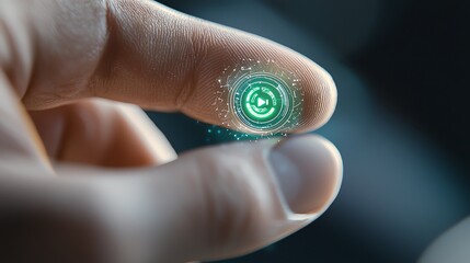 Closeup of a fingertip glowing in green with a power symbol, symbolizing activation