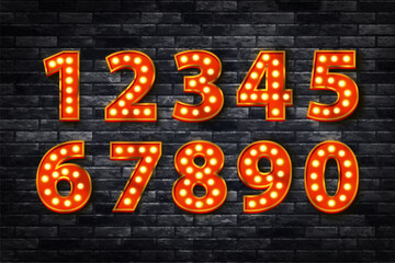 Vector set of marquee neon numbers isolated on wall background. © comicsans