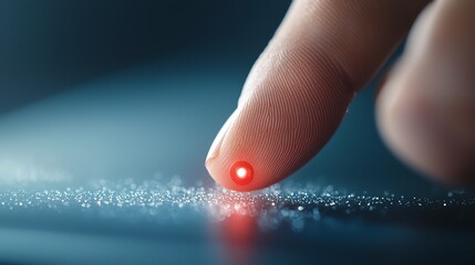 Closeup of a fingertip with a glowing red push button effect, symbolizing digital interaction