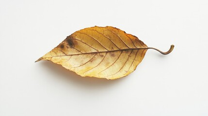 A single fragile leaf from a plant, displayed on a clean white backdrop, emphasizing its natural vulnerability