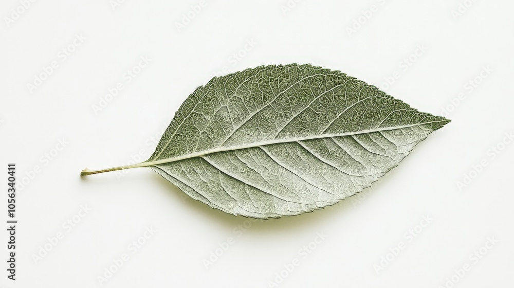 Poster a single, fragile leaf from a plant, displayed with a clean white backdrop to emphasize its delicate